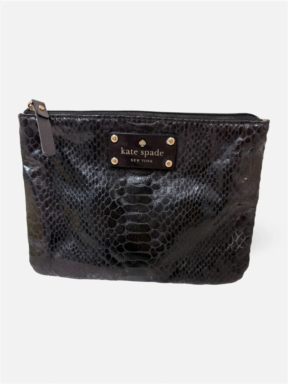 Kate Spade Black Embossed Snake-Print Cosmetic Pouch Python Skin Textured